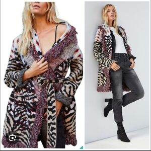 Anthropologie Paloma Animal Print Fringed Cardigan